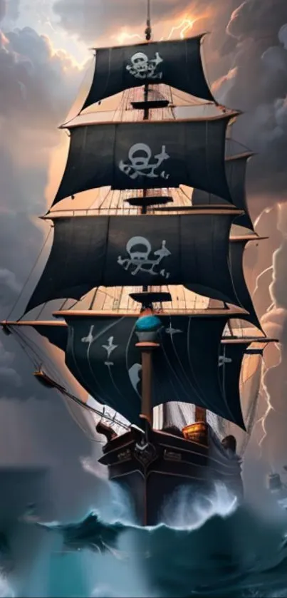 Pirate ship in stormy ocean with dark sails and dramatic clouds.