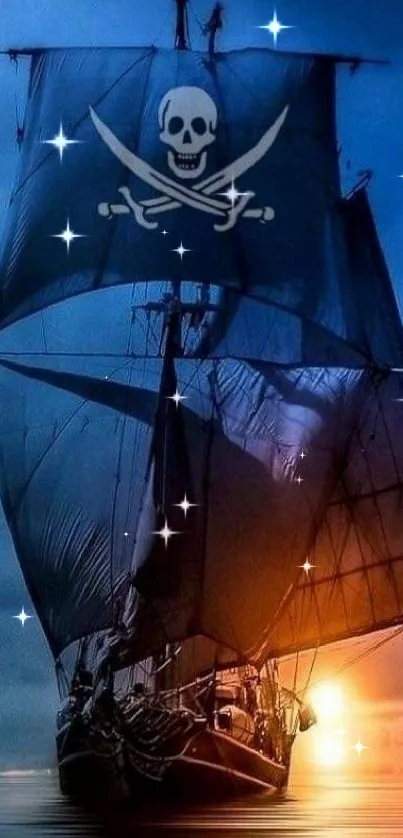 Pirate ship sailing at sunset with dark blue sails.