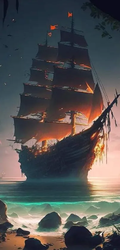 A majestic pirate ship sails on a serene ocean at sunset, with tropical foliage framing the scene.