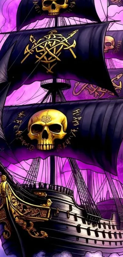 Pirate ship with violet sails and skull design in fantasy art style.