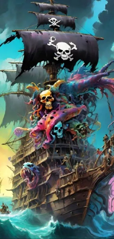 Colorful fantasy pirate ship with skull flag and sea monster.