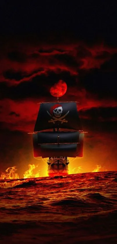 Pirate ship sailing through fiery ocean with a dark, dramatic sky.