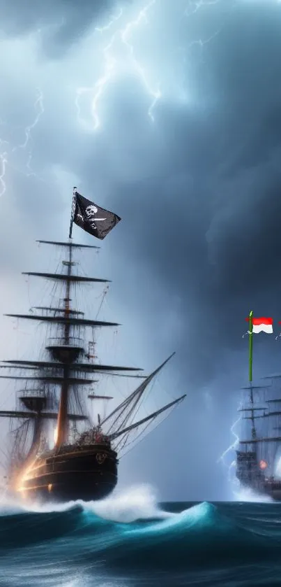 Pirate ship sails through stormy ocean with lightning in the sky.