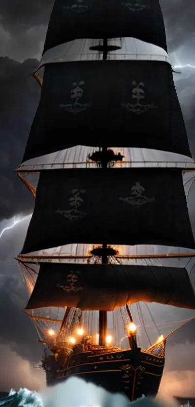 Pirate ship sails under lightning in stormy seas mobile wallpaper.