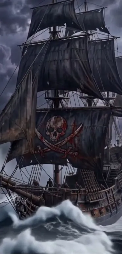 Dynamic pirate ship sails stormy seas.