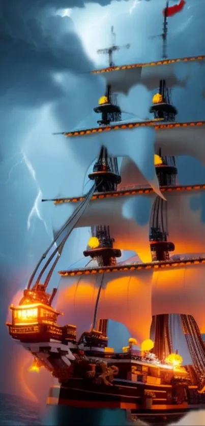 Pirate ship sails through stormy seas with glowing lights and lightning.