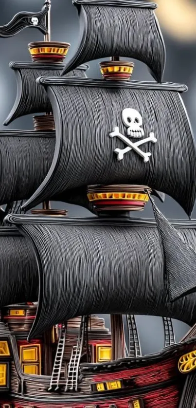 Pirate ship with black sails and skull design wallpaper.