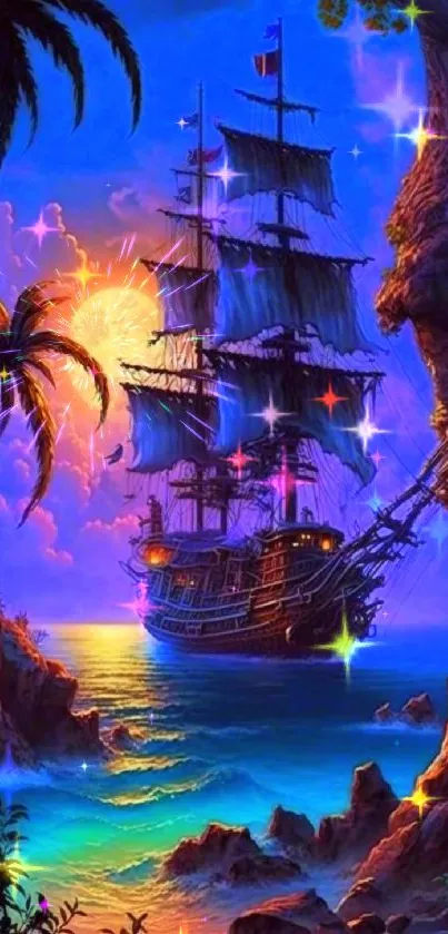 Mystical pirate ship sails under a moonlit sky in a vibrant tropical cove.