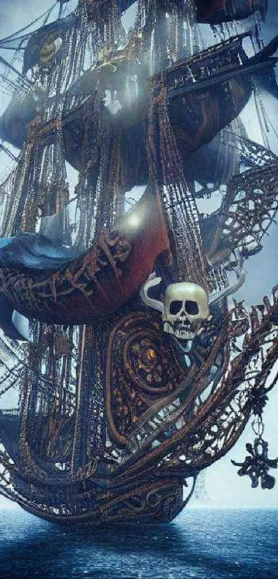 Majestic pirate ship on misty ocean with intricate skull design.