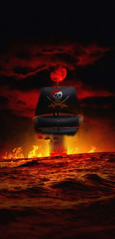 Pirate ship sails on a fiery ocean under a red sky.