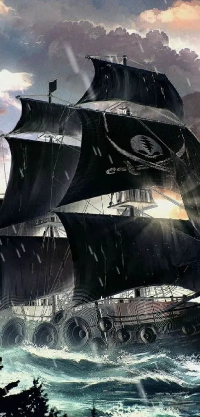 Black-sailed pirate ship amidst stormy seas and dramatic clouds.