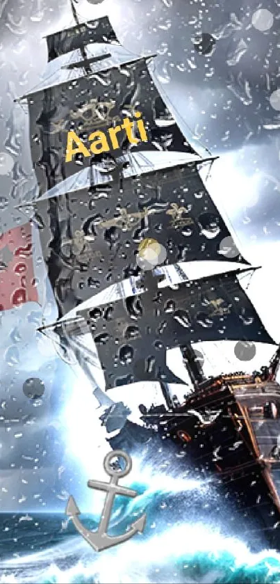 Dynamic pirate ship cutting through ocean waves with dark sails.