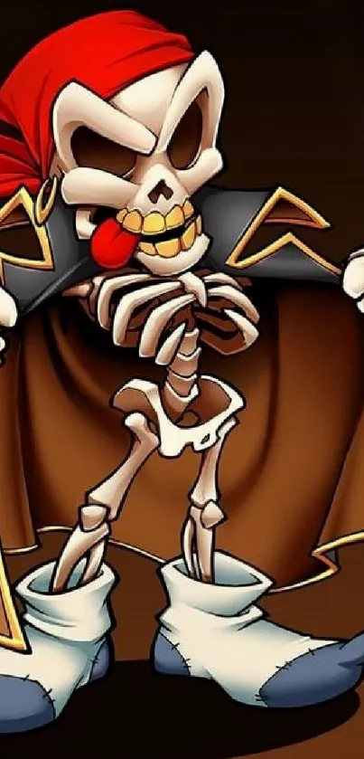 Cartoon skeleton pirate with red bandana on brown background.