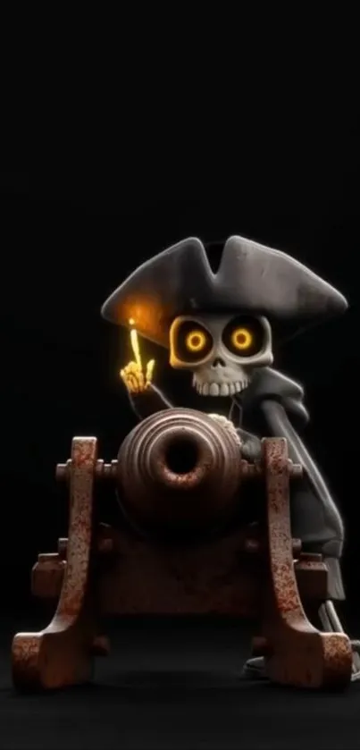 Pirate skeleton with glowing eyes and cannon in dark background.