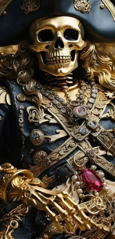 Ornate pirate skeleton wearing gold and jewels.