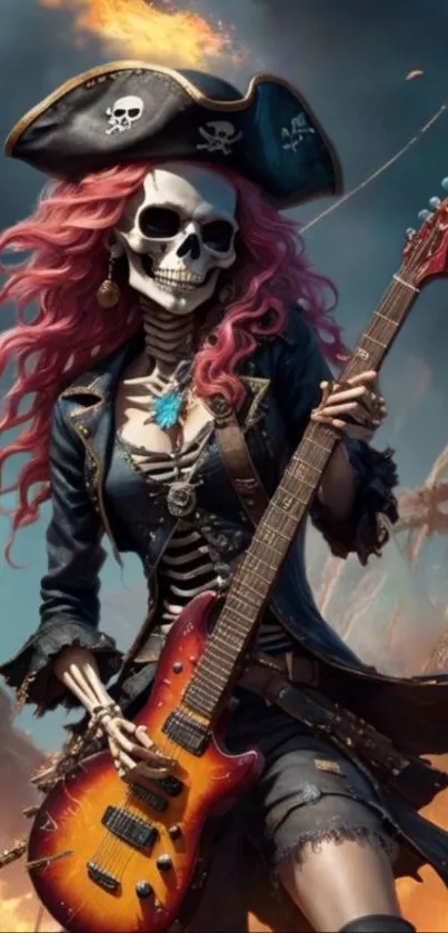 Pirate skeleton rocking out on a guitar with a fiery background.