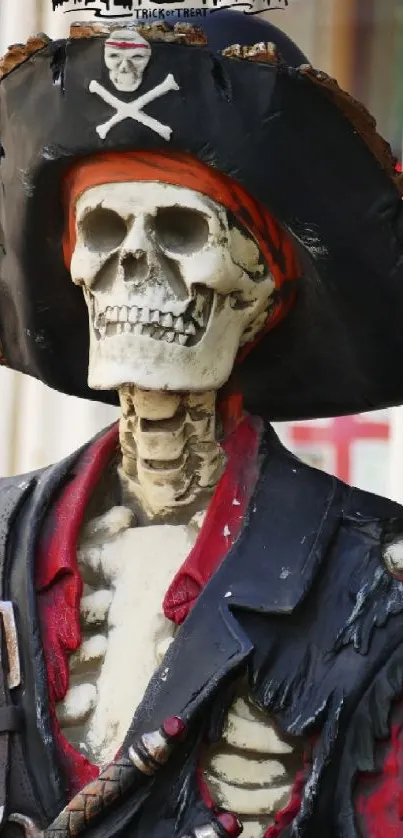 Spooky pirate skeleton in Halloween attire with a skull and crossbones hat.