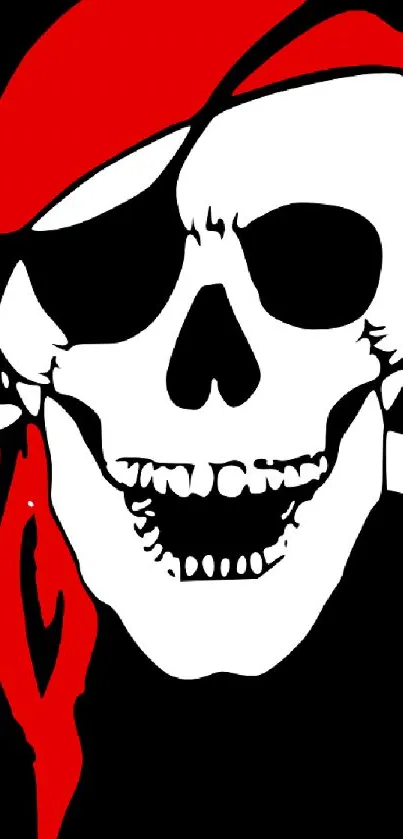 Pirate skeleton with red bandana on black background.