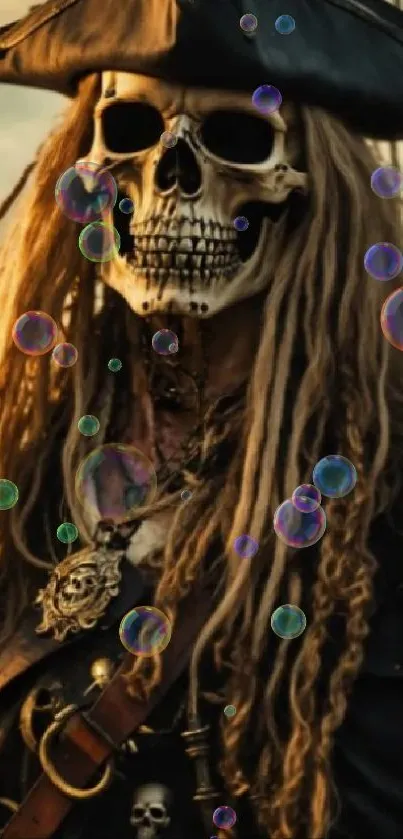 Pirate skull with dreadlocks and bubbles in background.