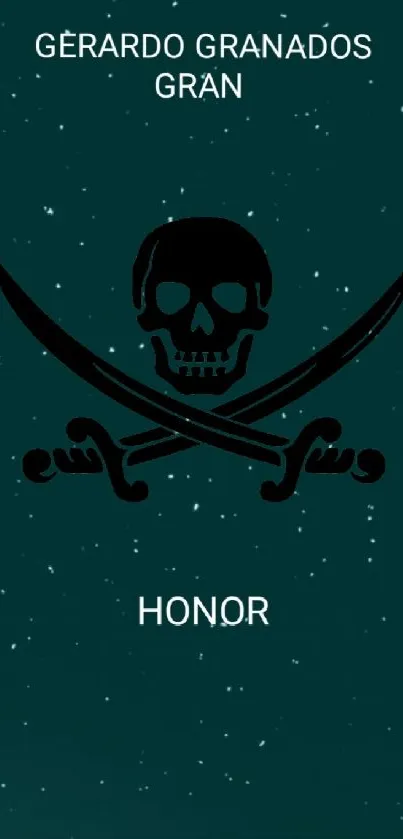 Dark themed pirate skull wallpaper with swords on teal background.