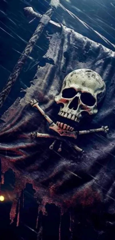 Pirate skull flag with eerie dark design and tattered edges.