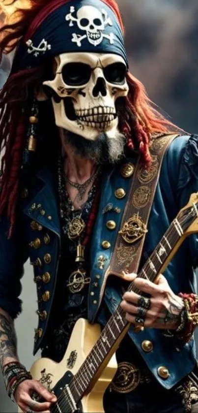 Pirate skeleton playing guitar on stage, vibrant colors.