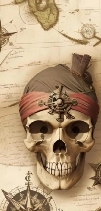 Pirate skull with compass on vintage map wallpaper.