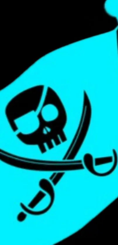 Neon blue pirate flag with skull and swords design.