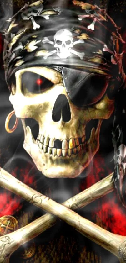 Pirate skull and crossbones mobile wallpaper with red accents.