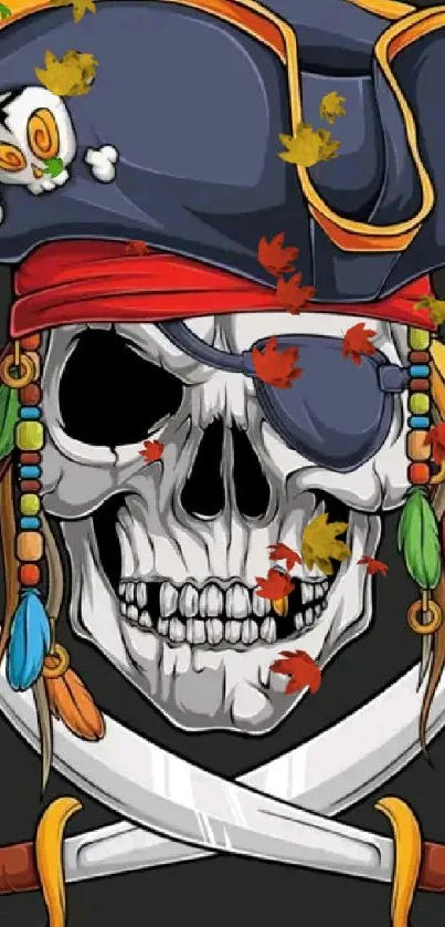 Vibrant pirate skull wallpaper with swords for mobile devices.