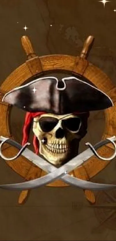 Pirate skull with crossed swords and ship wheel mobile wallpaper.