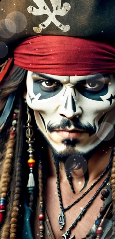 Pirate with skull-painted face in striking mobile wallpaper.