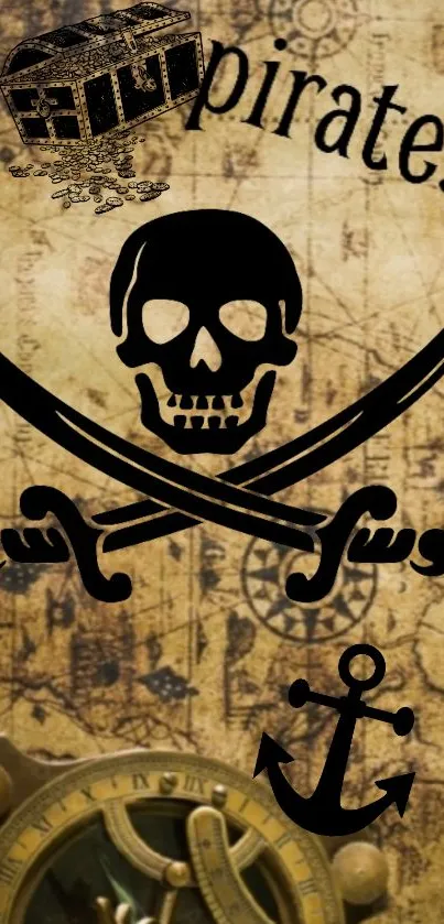 Pirate-themed wallpaper with skull, swords, and map.