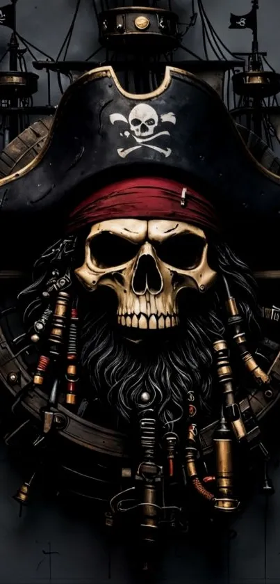 Pirate skull adorned ship with dark theme.