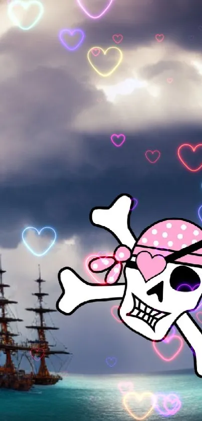 Cartoon skull with ship under stormy sky wallpaper.