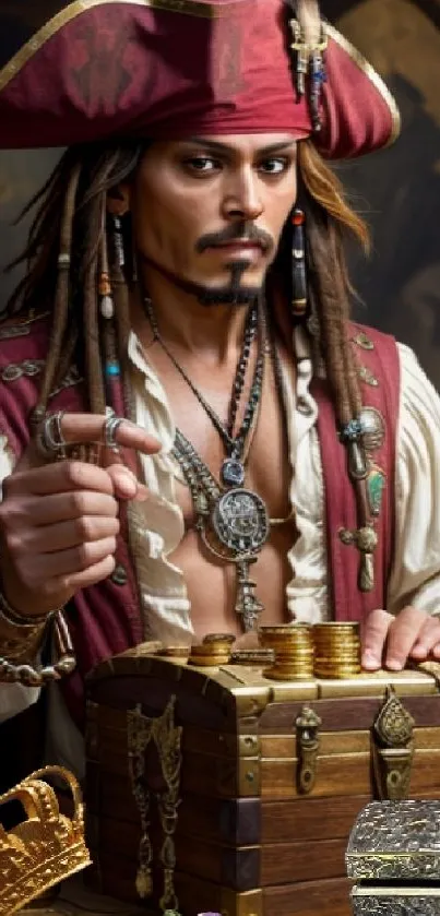 Pirate with treasure chest and gold coins in a dynamic, art-inspired scene.