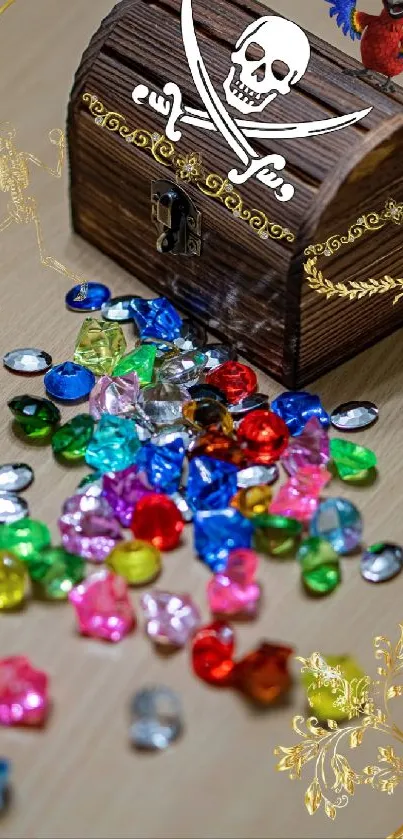 Pirate-themed mobile wallpaper with treasure chest and colorful gems.