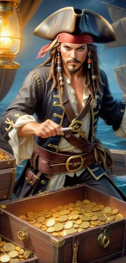 Pirate captain with treasure chest and ship.