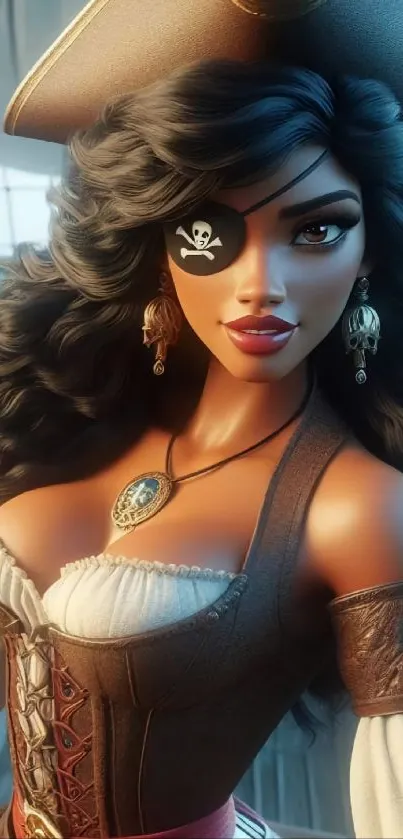 Mobile wallpaper of a pirate woman in detailed attire, exuding adventure.