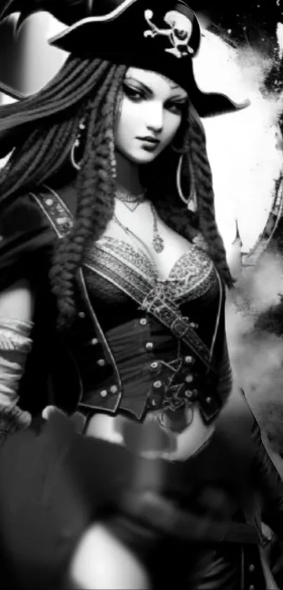 Black and white pirate woman illustration wallpaper.