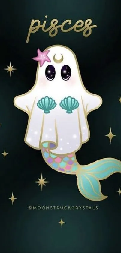 Pisces ghost mermaid with starry night background in dark teal and pastels.