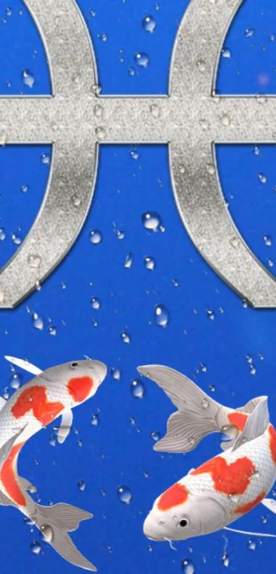 Pisces symbol with koi fish on blue background featuring water droplets.