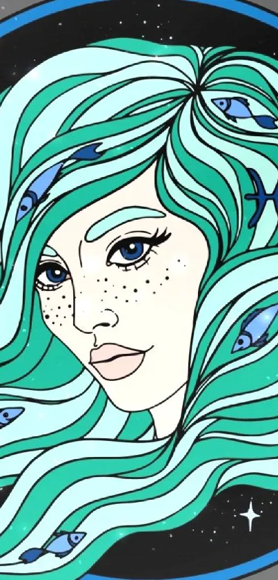 Pisces zodiac art with teal hair.