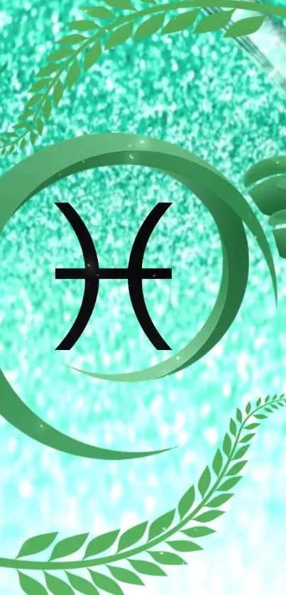 Pisces zodiac symbol on a teal, glittery background with green leafy elements.