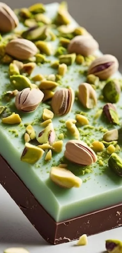 A vibrant chocolate bar topped with pistachios and nuts.