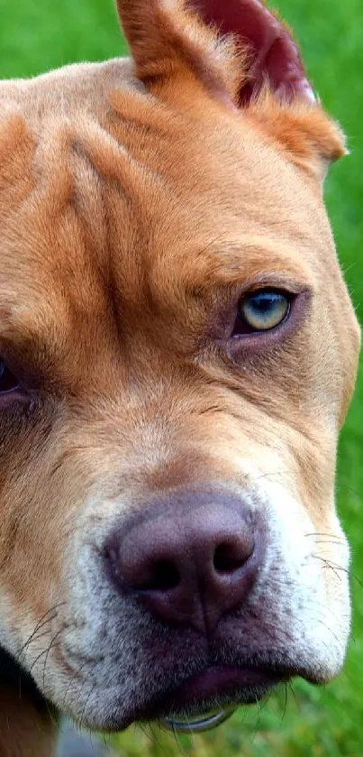 Brown pitbull with alert ears in green field wallpaper.