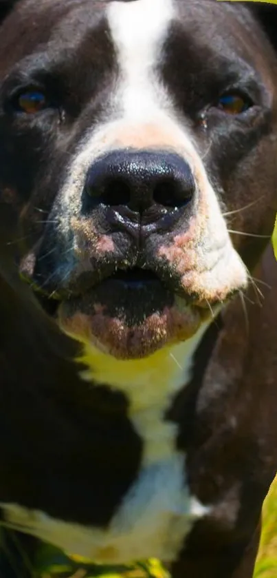 Pitbull dog standing in a sunny field.