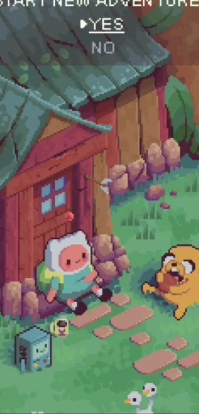 Pixel art adventure scene with two characters outside a hut.