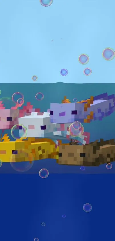 Colorful pixel art axolotls swim in a digital aquarium backdrop.