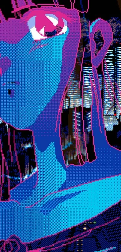 Cyberpunk style blue anime character in pixel art.